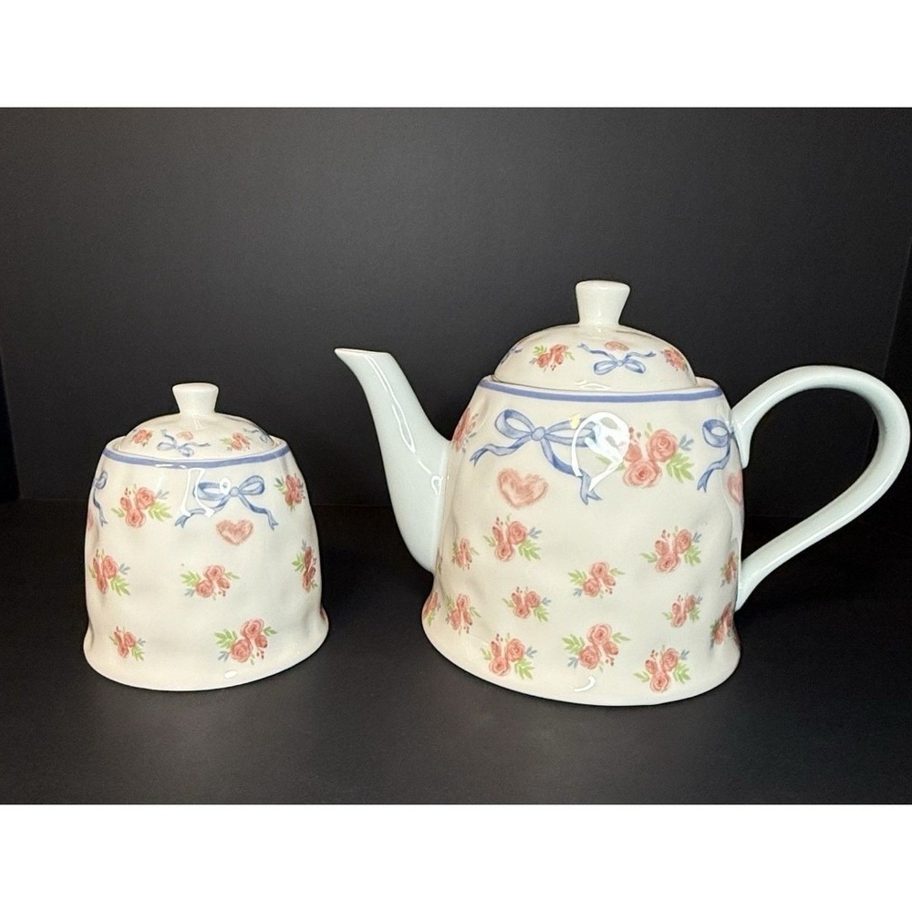 Blue Bows And Pink Roses Teapot And Sugar Pot